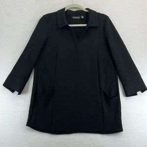 Nina Leonard Notched Neck Tunic Women’s Sz S Black Textured Polyester Knit